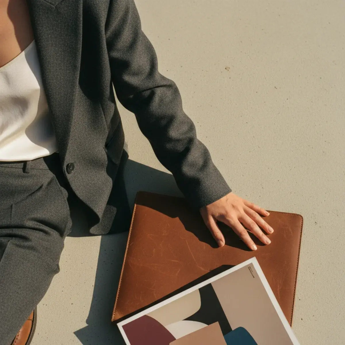 Woman in a tailored blazer, blouse, and trousers in neutral tones in an office setting
