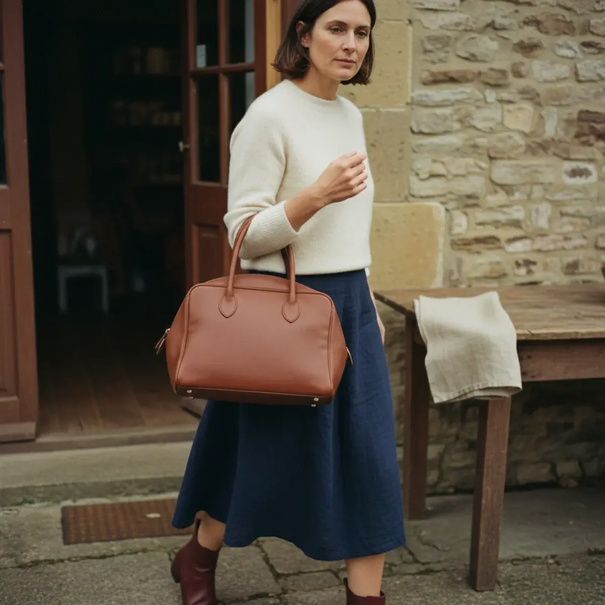 Three-layer old money autumn outfit: silk shirt base, cashmere roll-neck, open camel coat with a scarf