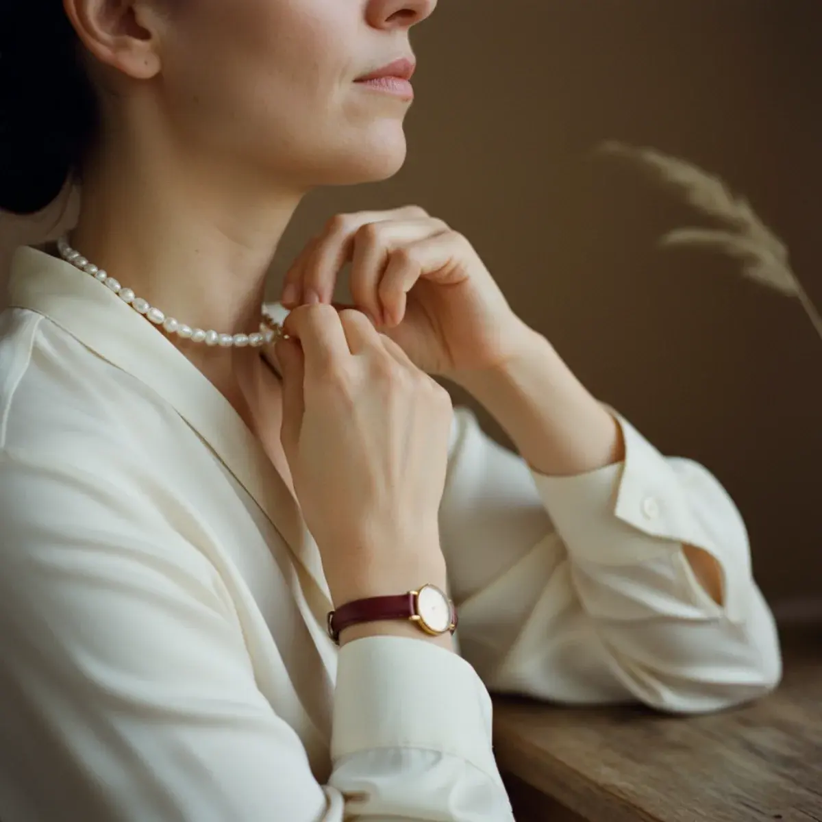 Old money accessories: silk scarf, pearl necklace, gold signet ring, leather watch, tortoiseshell sunglasses