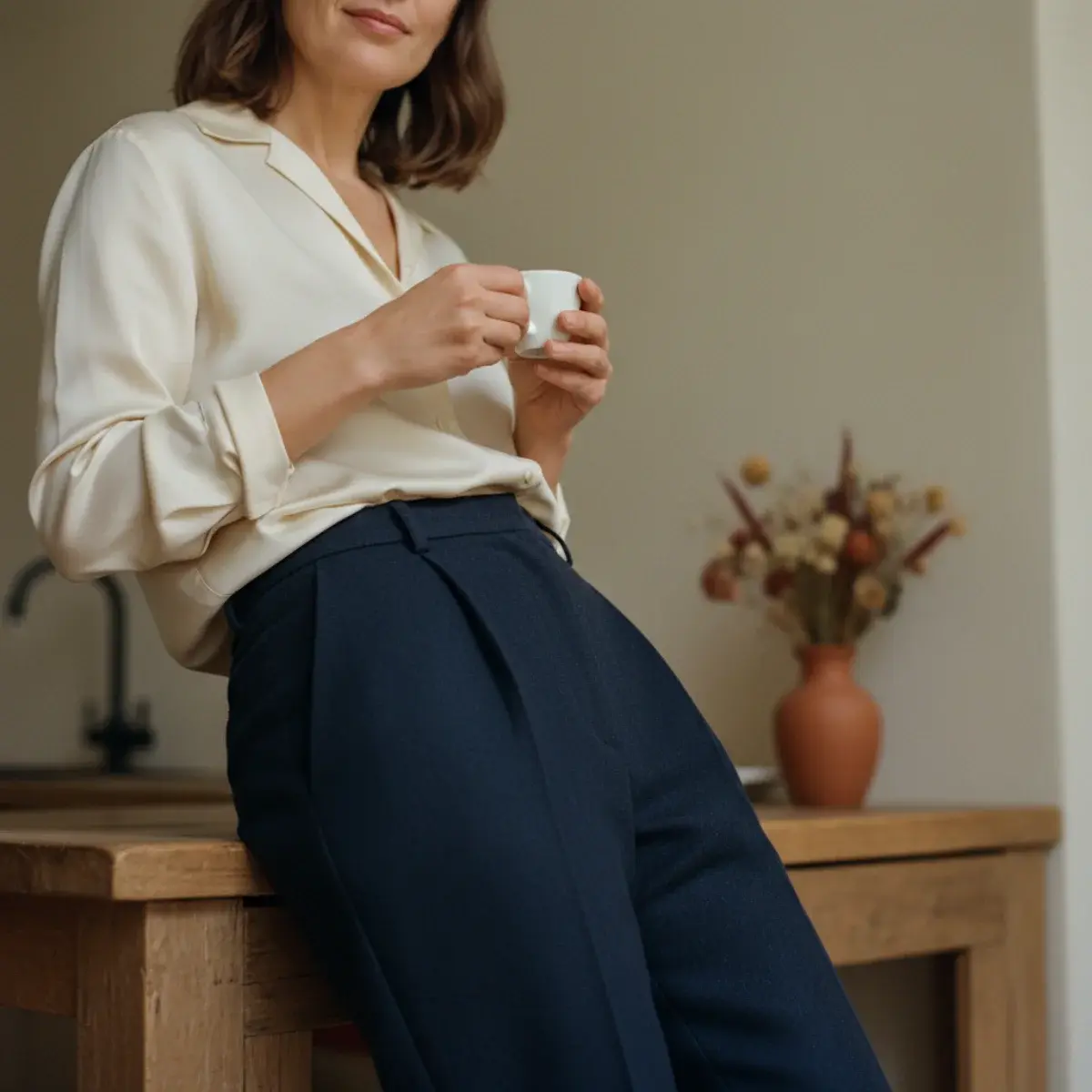 Woman in a navy tailored blazer, cream cashmere, and pressed wide-leg wool trousers on a city street