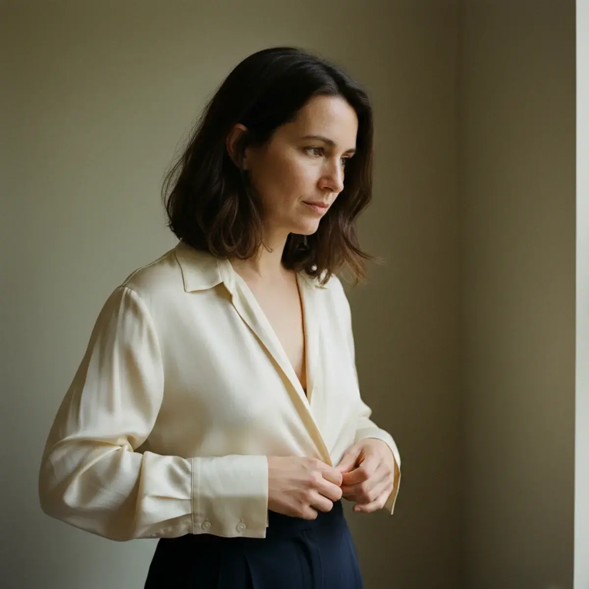 Folded cashmere, worsted wool, silk, and oxford cotton in old money neutrals on a linen surface