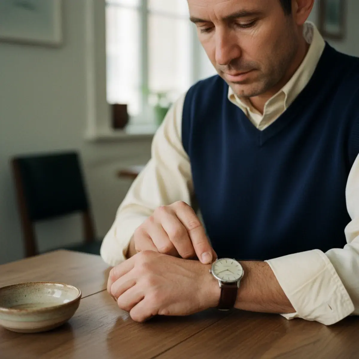 Old money menswear accessories: slim leather watch, brown belt, knit tie, silk pocket square, brown loafers