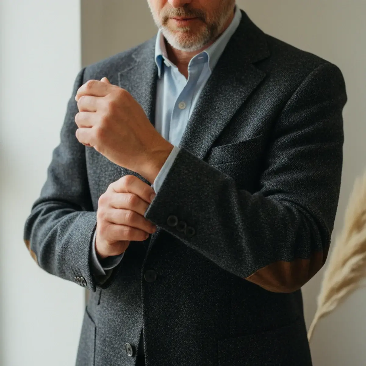 Camel polo coat worn over a navy suit, with grey flannel trousers and brown shoes