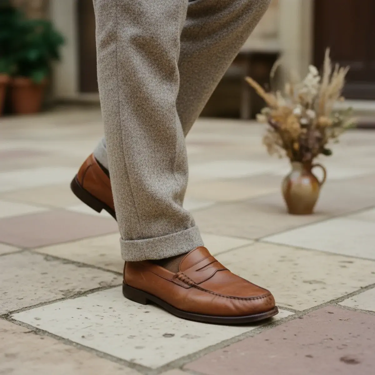 Man in dark jeans, navy lambswool crewneck, and brown loafers leaning against a stone wall