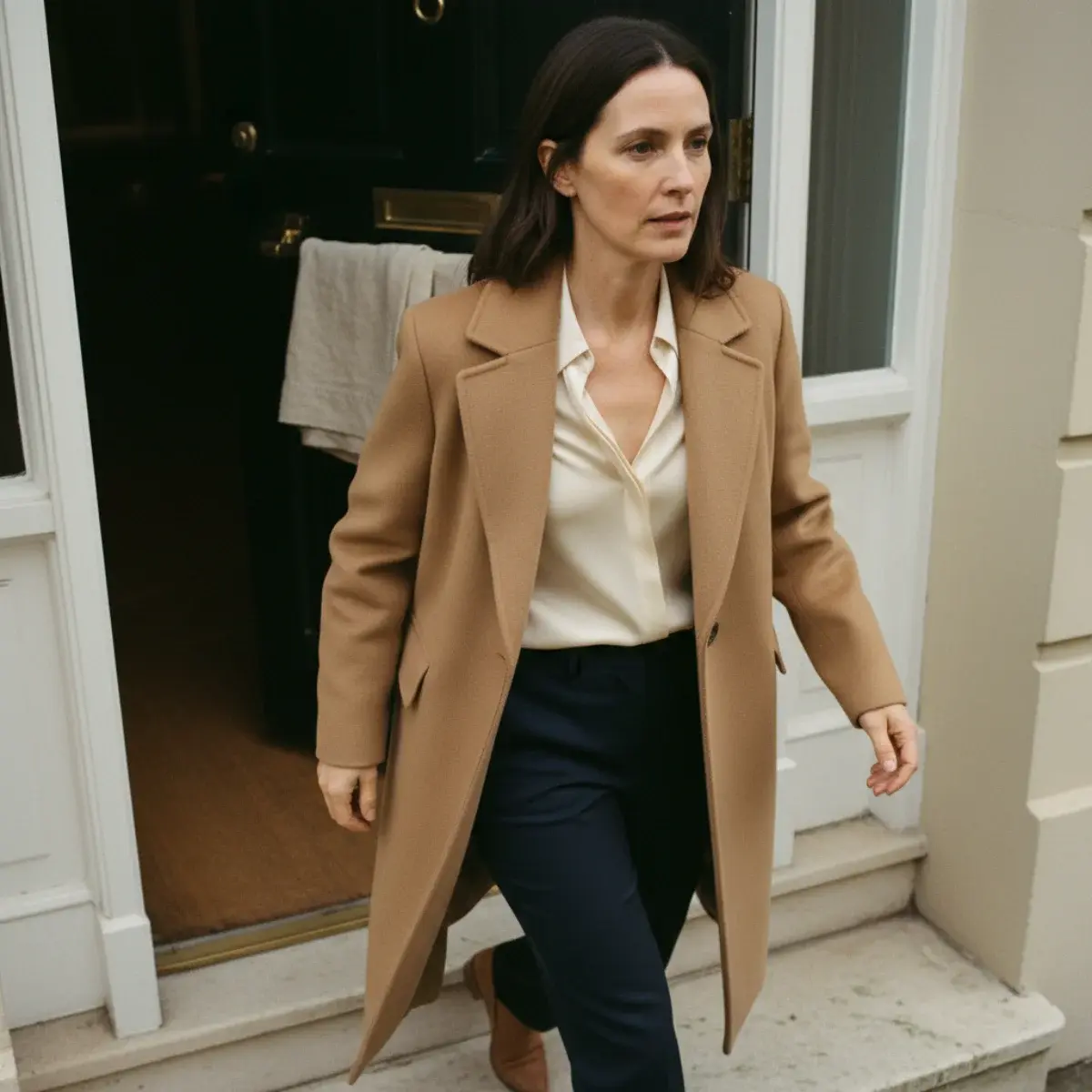 Seven old money wardrobe pieces for women laid flat: camel coat, cashmere knit, navy blazer, trousers, white shirt, dark jeans, silk slip