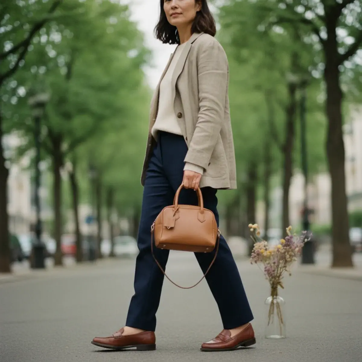 Woman in dark straight-leg jeans, camel cashmere crewneck, and white sneakers in soft daylight