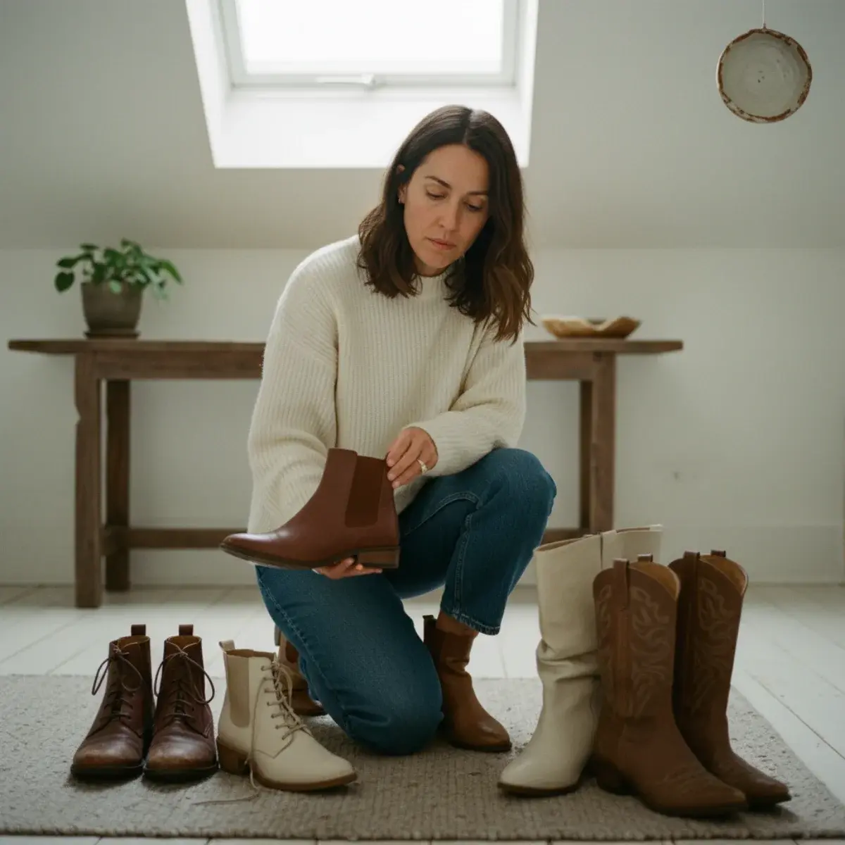 Grid of boot outfits: ankle boots with jeans and coat, knee boots with knit midi, combat boots with floral dress