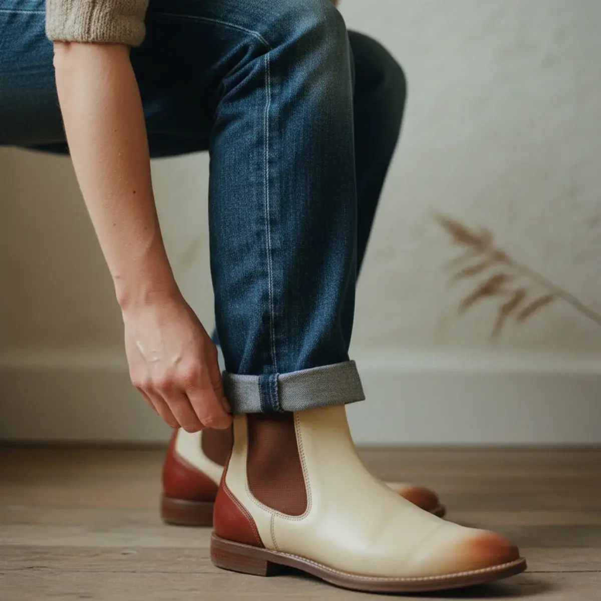 Boots with trousers: ankle boots under straight trousers, knee boots with slim trousers, heeled boots under wide-leg