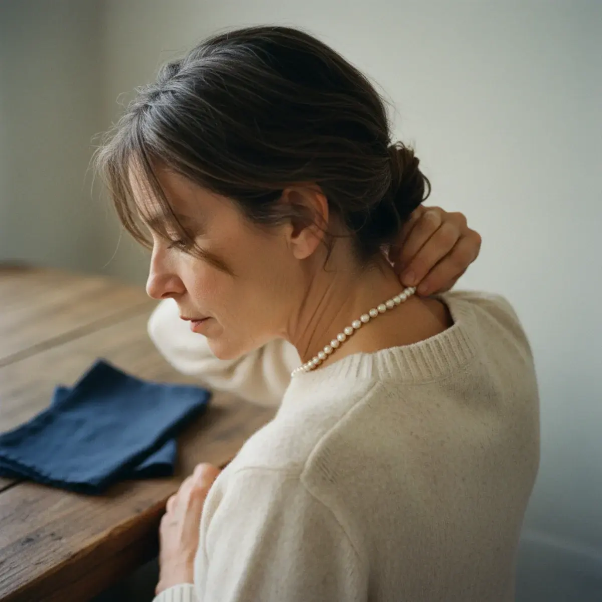 Pearls modernised through contrast: a pearl necklace with a white tee and jeans versus a formal twinset