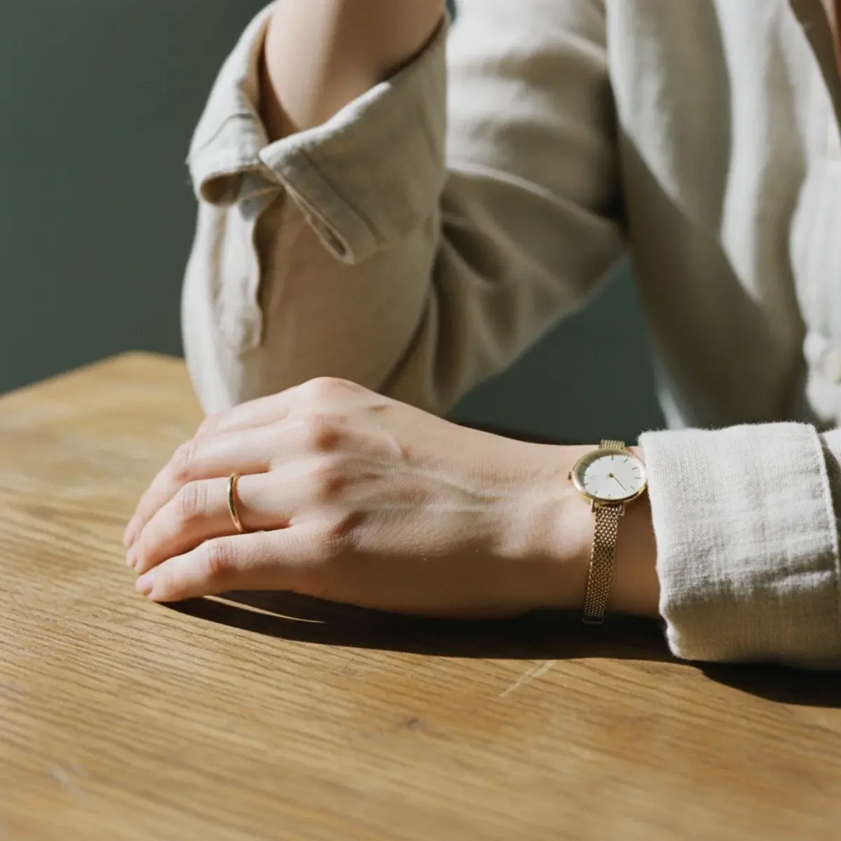 A correct quiet luxury outfit beside a common mistake: synthetic beige and a mismatched investment piece