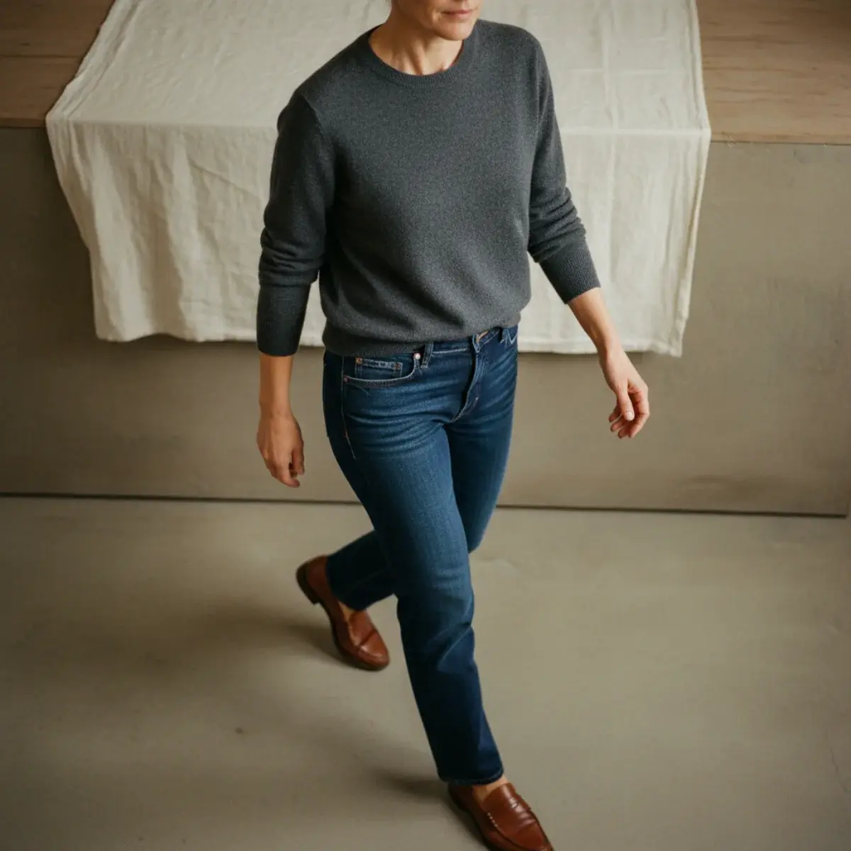 Woman in dark jeans, a fine knit, a blazer, and loafers — a relaxed but polished smart casual look