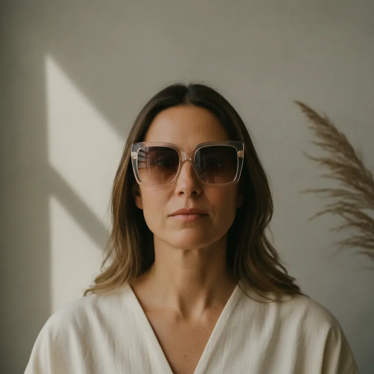 Sunglasses size and fit: frames scaled to the face, eyes centred in the lenses, comfortable fit on the nose and temples