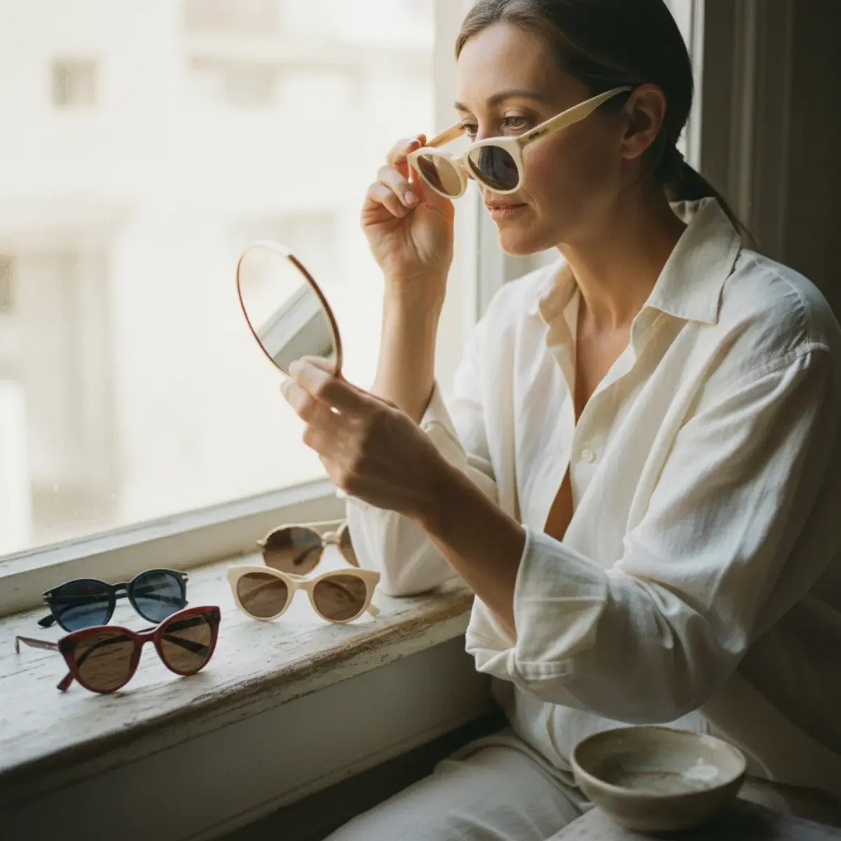 Versatile sunglasses styles: wayfarer, aviator, round, and cat-eye in neutral timeless frame colours