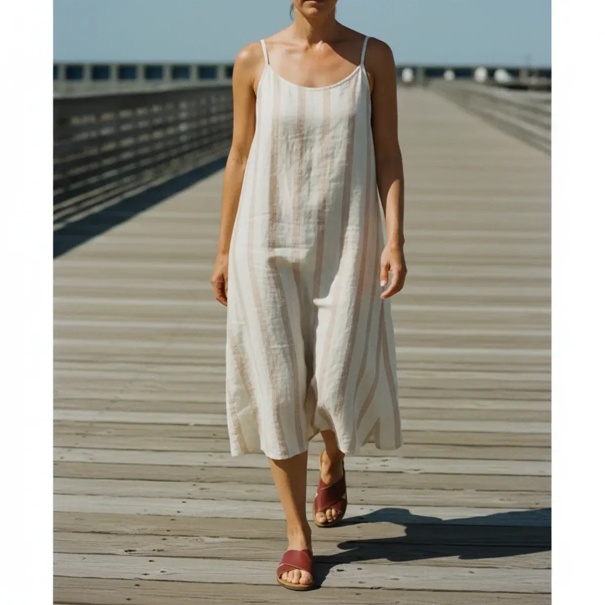 Beach outfits: a linen kaftan over swimwear, a cotton sundress, and a sarong skirt with a sunhat