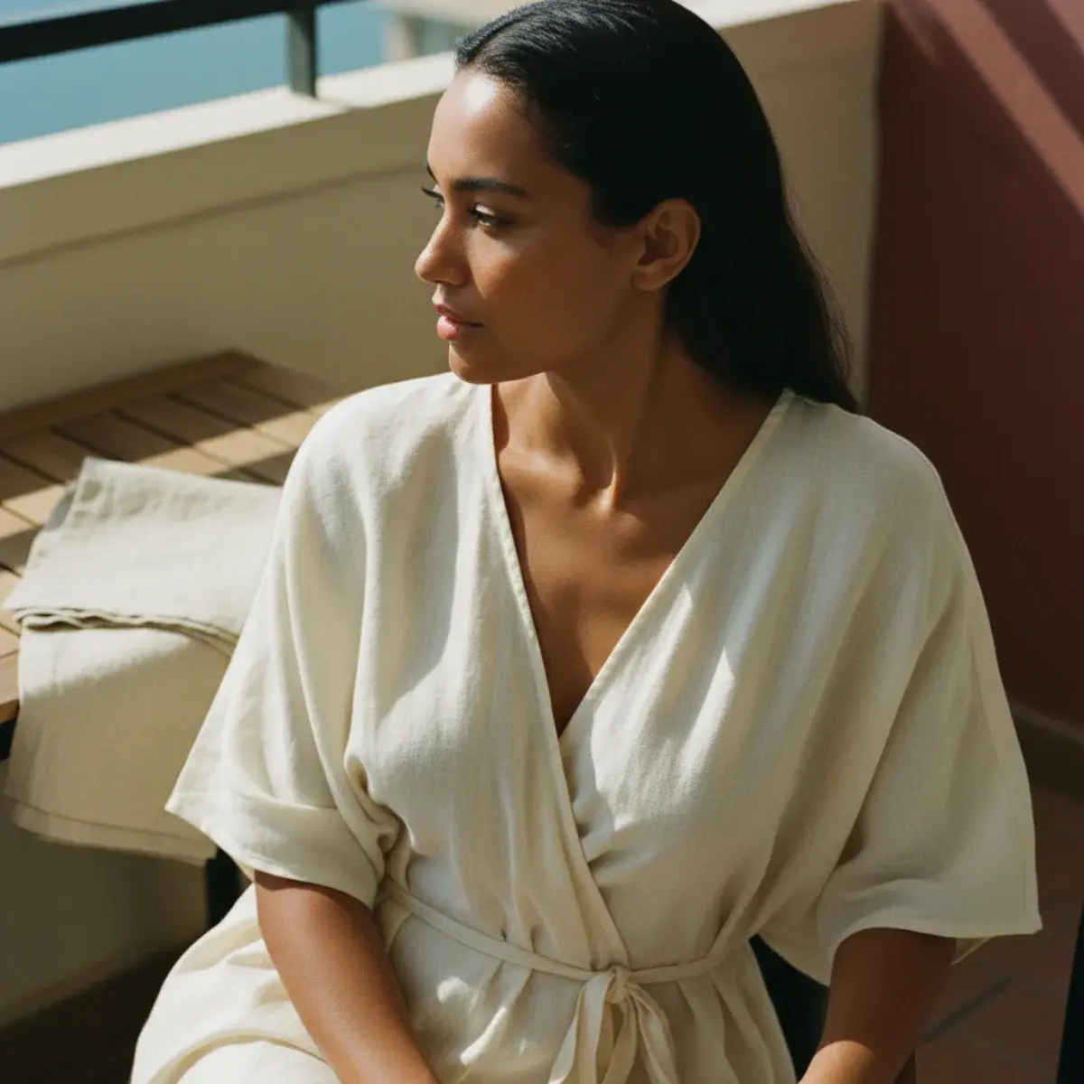 A vacation capsule laid out in a coordinated palette: tops, bottoms, dresses, swimwear, cover-ups, and sandals