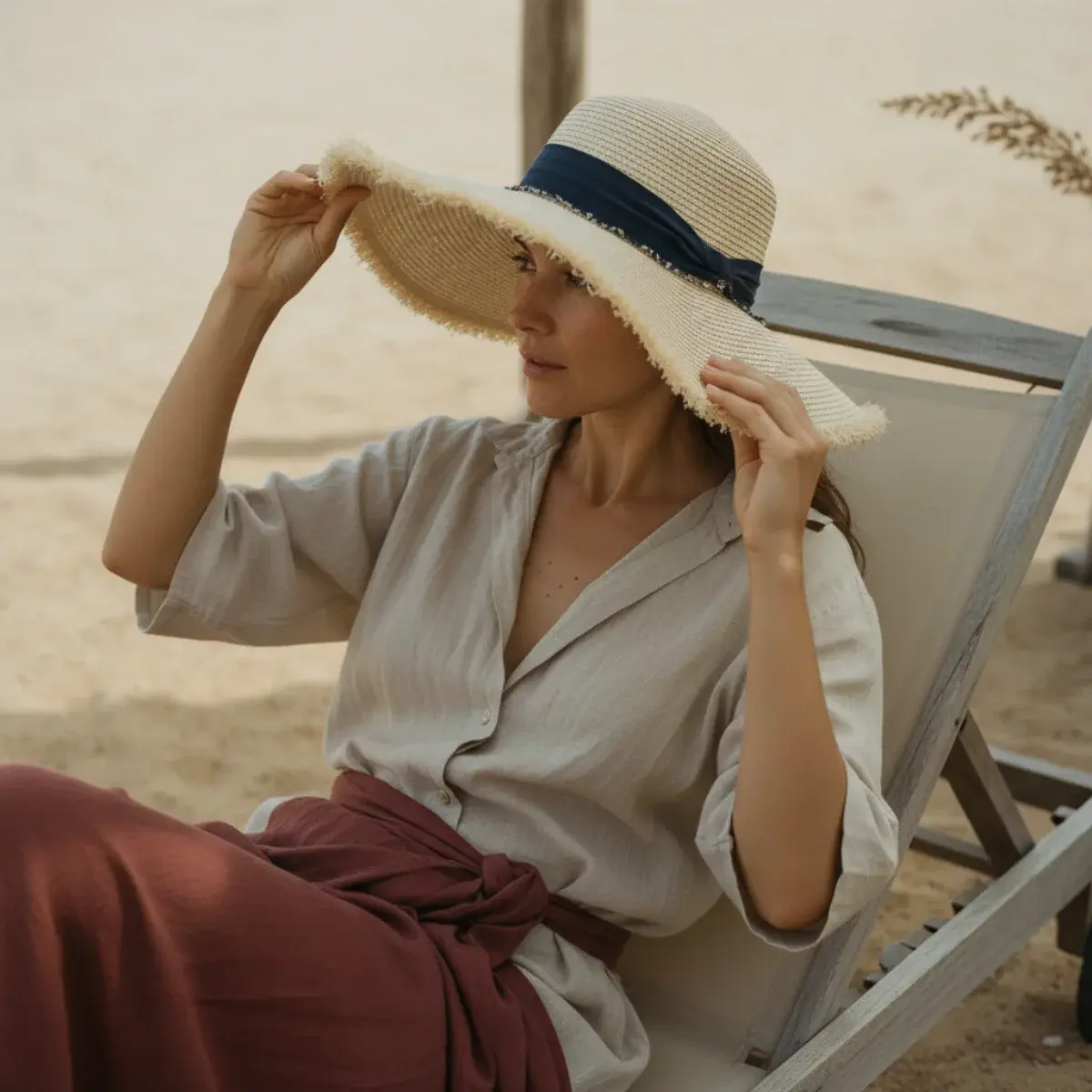 Vacation packing essentials: two or three pairs of sandals and walking shoes, a straw tote, a hat, and sunglasses