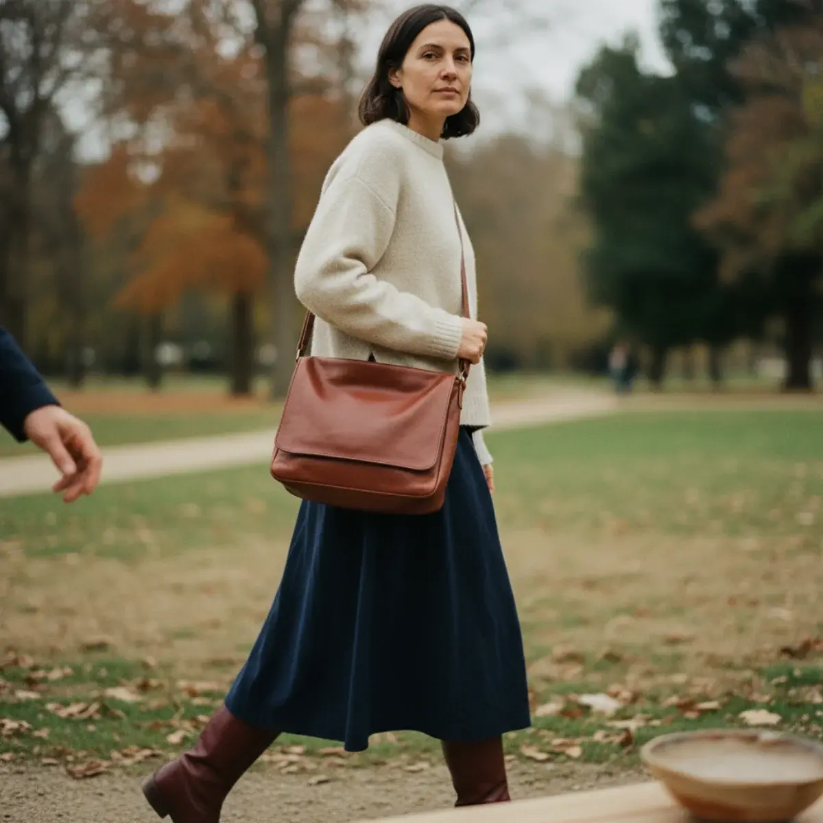 Late fall outfit: a heavy wool coat over a tweed blazer and roll-neck with tailored trousers, lined boots, gloves, and a scarf