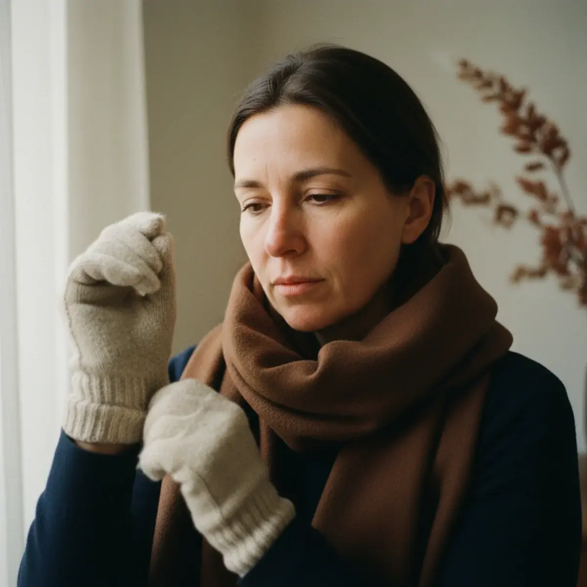 Mid fall outfit: a camel wool coat over a roll-neck with tailored trousers, knee boots, and a scarf