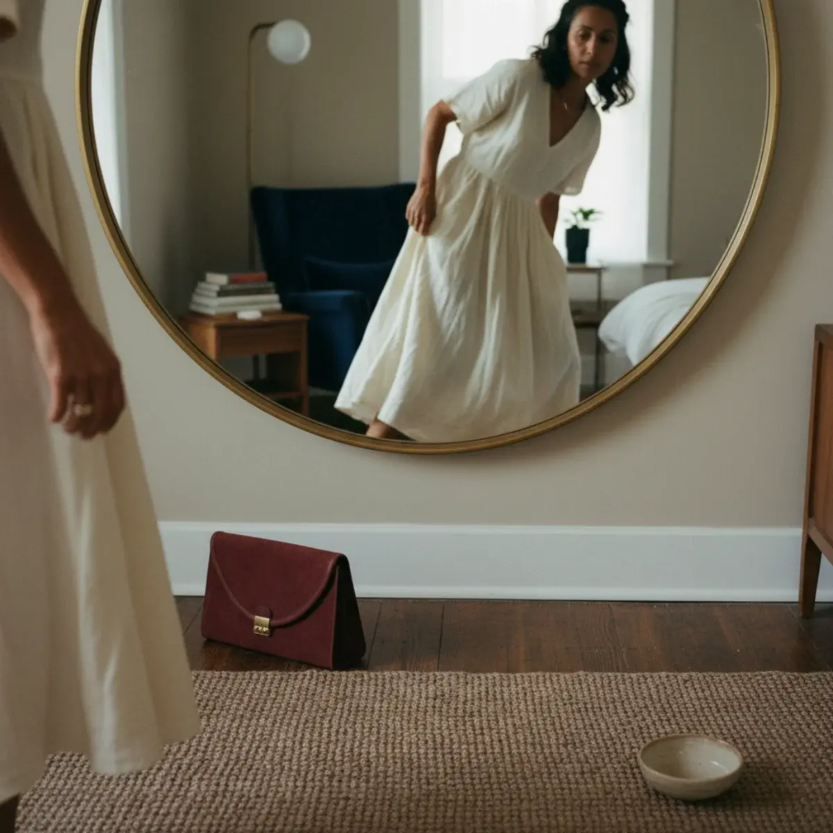 Wedding guest accessories: block heels, a small clutch, statement earrings, and a light wrap