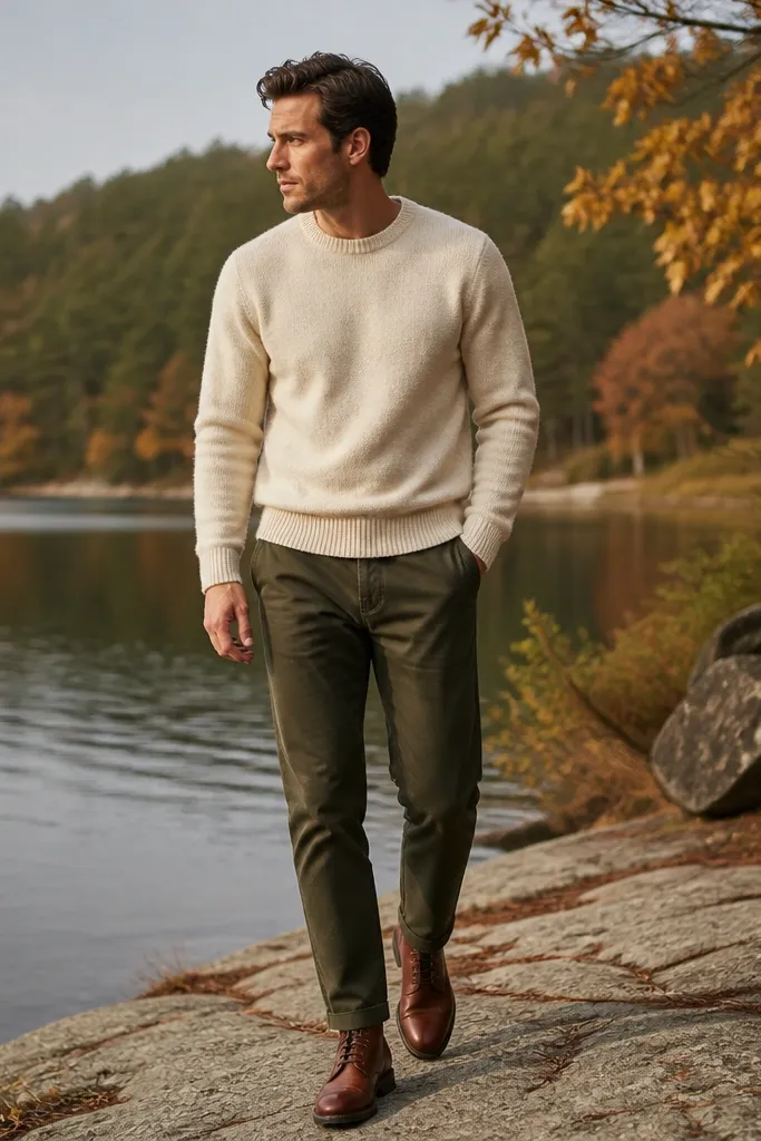 A man wearing cognac leather boots with visible burnished edges, a cream wool-blend crewneck sweater, and dark olive straight-leg trousers; the outfit is photographed outdoors in soft fall light.