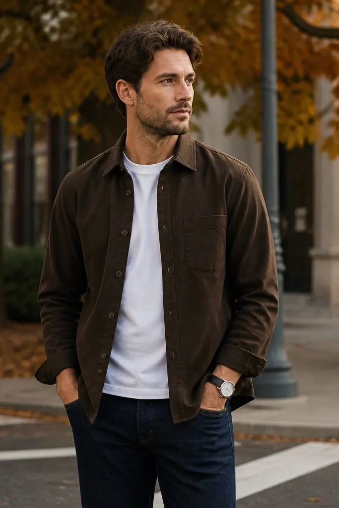 A man wearing an espresso brown cotton overshirt layered over a plain white t-shirt, with dark navy jeans and a simple watch; background is a street corner with autumn trees.
