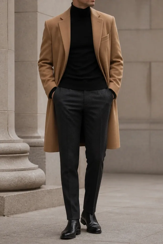 A man in a camel overcoat with a defined lapel, charcoal wool trousers, and a black turtleneck; photo shows the full silhouette from waist to shoes.
