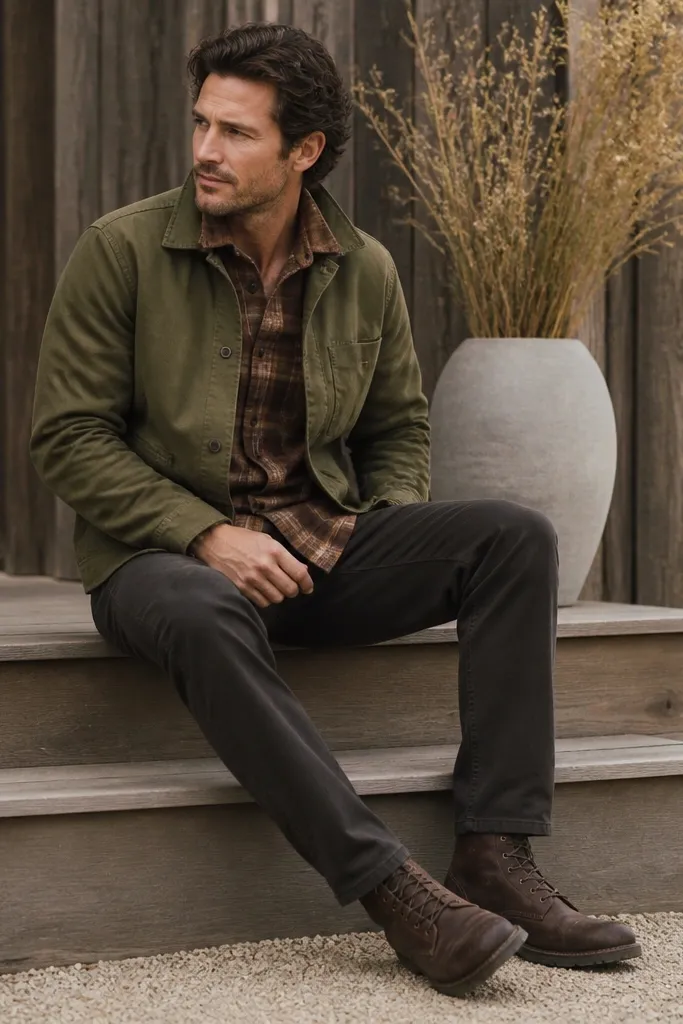 A man wearing a chocolate-brown flannel button-down under an olive chore jacket, with brown boots and dark trousers; the photo highlights the collar layering.