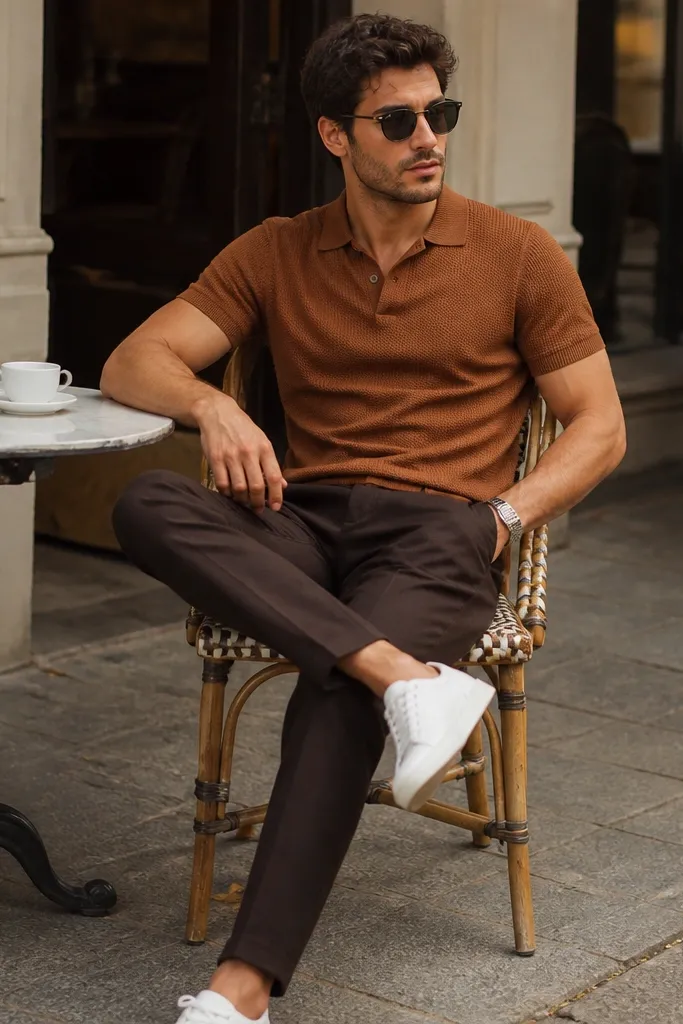 A man in a cinnamon-brown knit polo shirt with short sleeves, paired with dark chocolate chinos and white sneakers; the scene is a casual outdoor café.