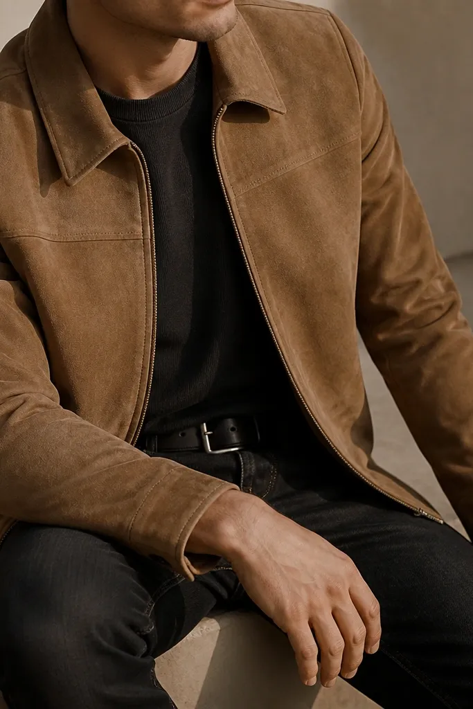 A man wearing a tan suede jacket with a clean collar, black straight-leg jeans, and a dark belt; the photo focuses on suede texture against denim.