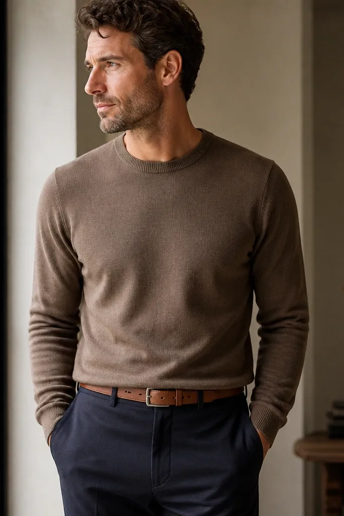 A man wearing a mocha brown crewneck sweater, navy tailored trousers, and a cognac leather belt; the shot shows the belt and trouser waist clearly.