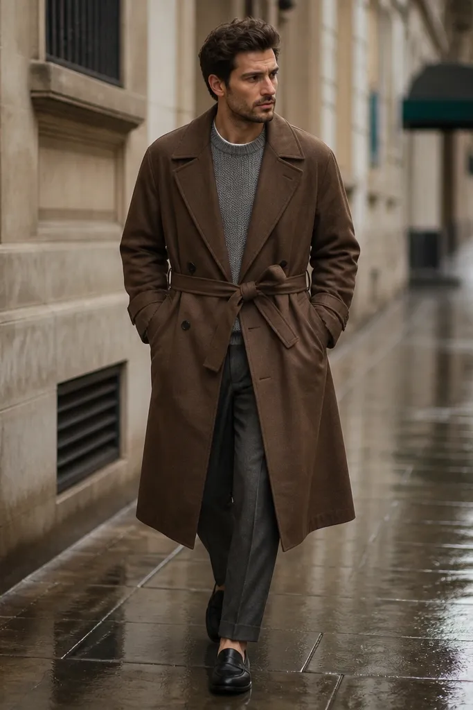 A man in a brown trench coat with a belt, wearing a heather gray knit sweater and black loafers; the photo is taken on a wet sidewalk with reflections.