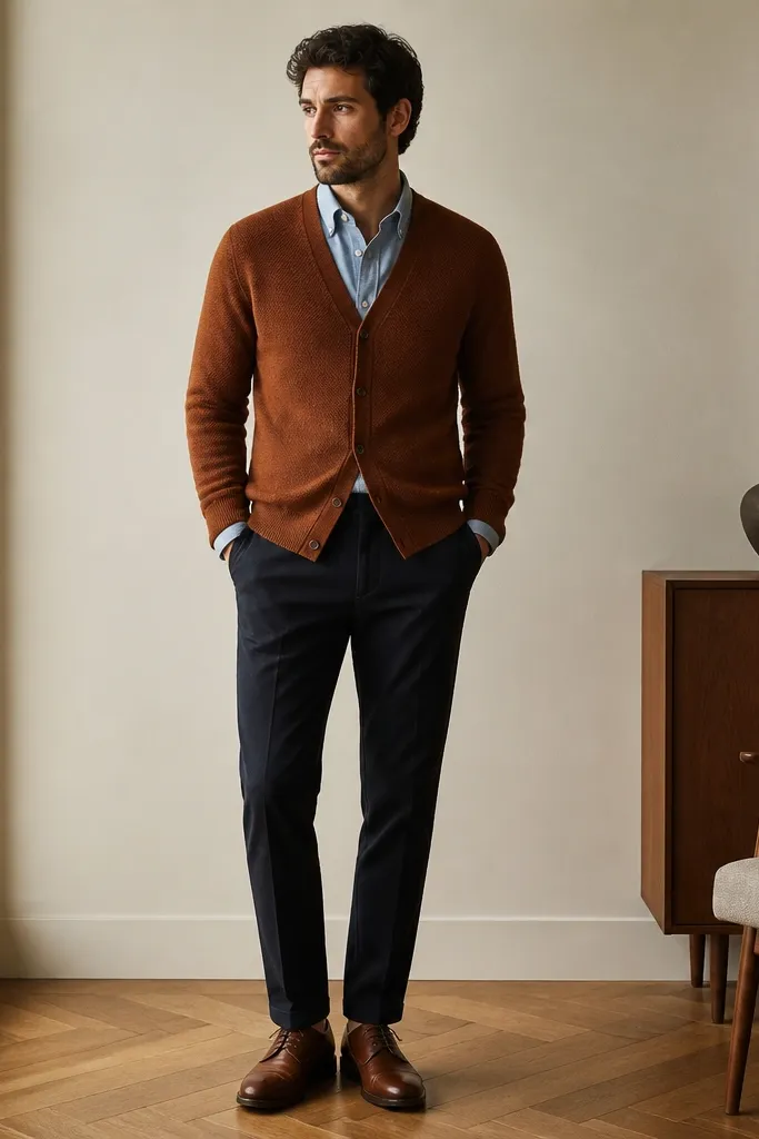 A man wearing a rust-brown cardigan buttoned halfway over a light blue button-down, paired with dark chinos and brown leather shoes.