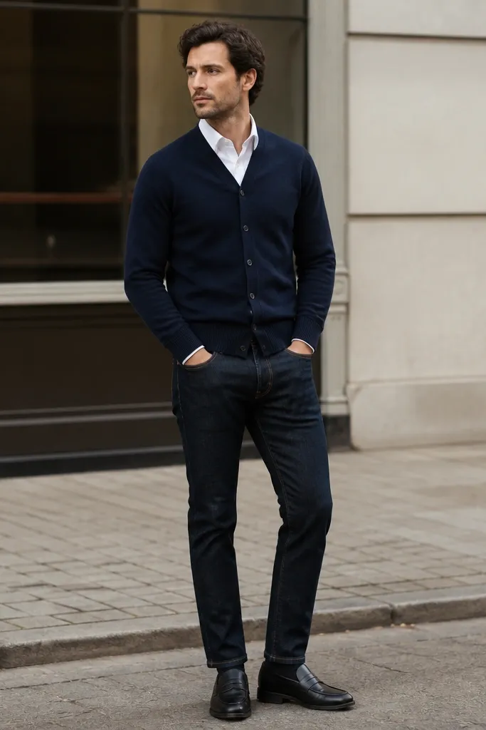 A man wearing a navy crew cardigan over a crisp white button-down, dark indigo slim jeans, and black leather penny loafers with a low-crew sock. The outfit sits in a neutral street setting; the cardigan buttons are closed and the hem hits at the belt line.