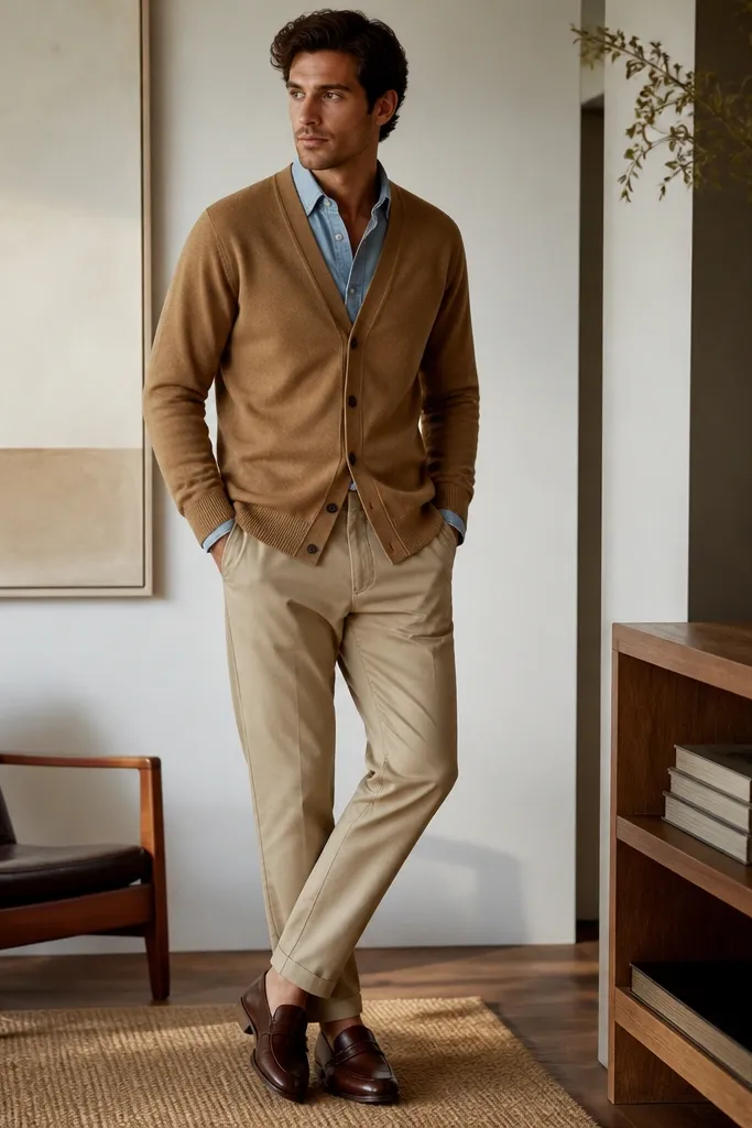 A man in a camel cardigan with a subtle button front, a light blue chambray shirt underneath, tan chinos, and espresso brown leather loafers. The lighting shows the warm camel tone and the smooth leather sheen.