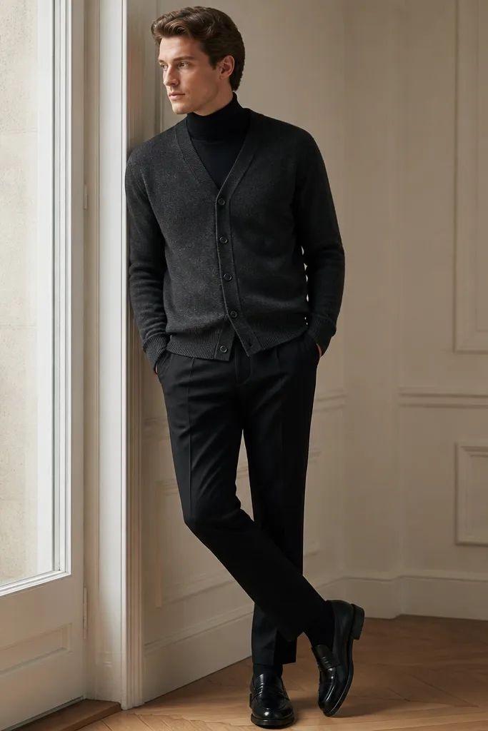 A man wearing a charcoal cardigan over a fitted black turtleneck, tailored black trousers, and glossy black leather loafers. The cardigan is buttoned and the turtleneck collar sits neatly under the neckline.