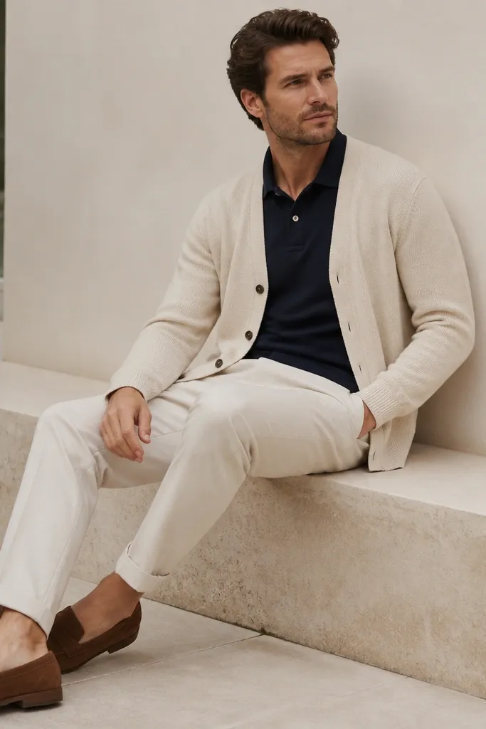 A man wearing a cream cardigan over a navy polo shirt, off-white chinos, and brown suede loafers. The suede has visible nap texture; the cardigan knit is light and soft-looking.