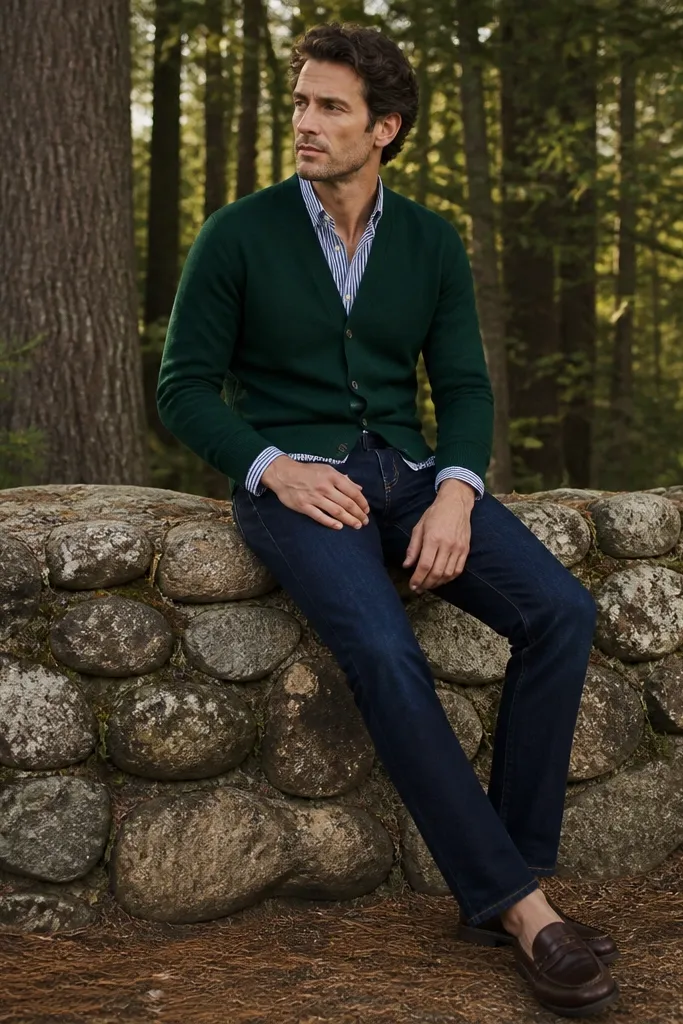 A man in a forest green cardigan over a blue-and-white striped button-up, wearing navy jeans and dark brown leather loafers. The stripes are visible at the neckline and cuffs.