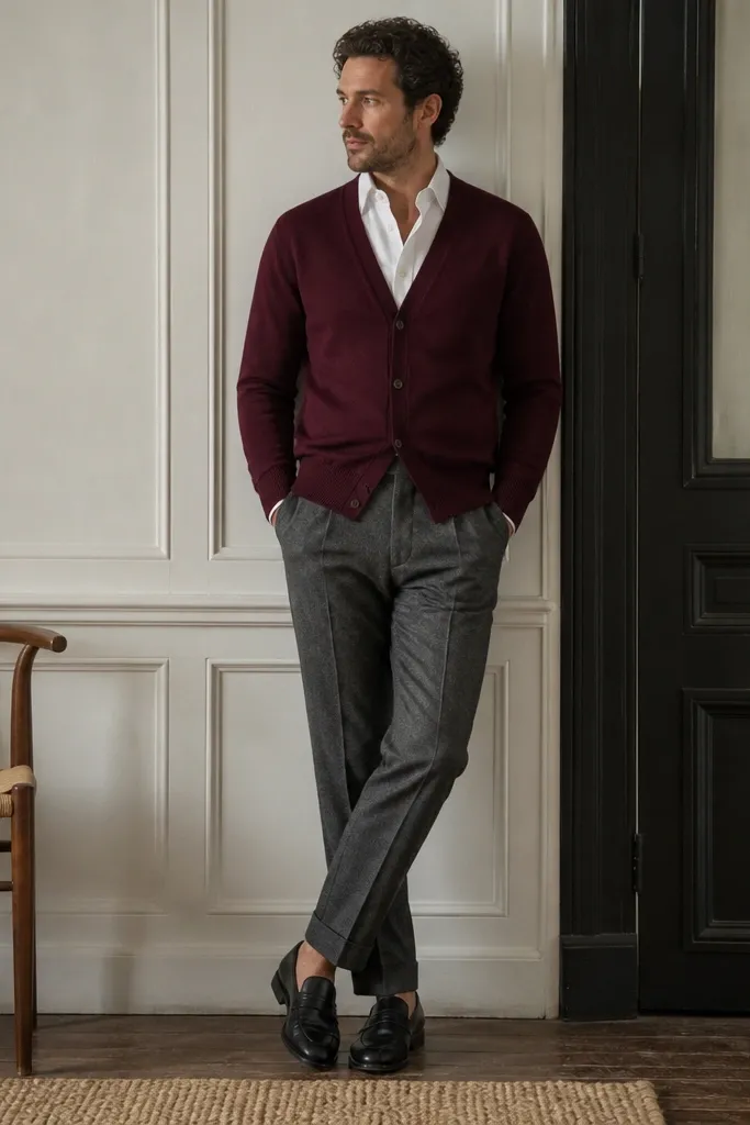 A man wearing a burgundy cardigan over a white dress shirt, grey wool trousers, and black loafers. The wool trousers show a subtle matte texture and the cardigan knit looks dense.