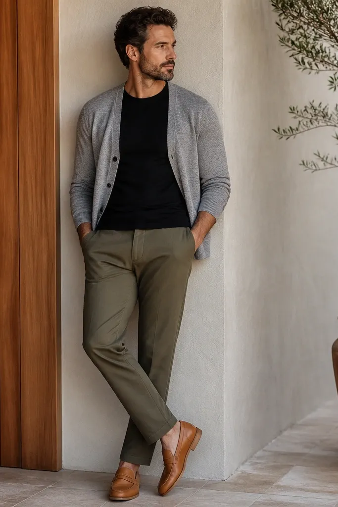 A man wearing a heather grey cardigan over a fitted black crew tee, olive chinos, and tan leather loafers. The outfit looks casual with a clean, matte finish on the fabrics.