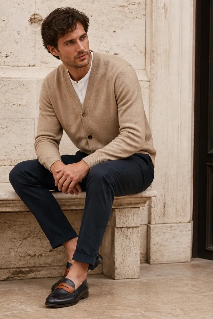 A man wearing a sand-colored cardigan over a white henley, navy chinos, and loafers with a two-tone black upper and tan detail. The cardigan is buttoned with a relaxed fit.