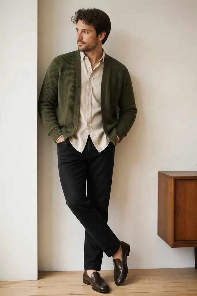 A man wearing an olive cardigan over a cream button-up, black jeans, and dark brown leather loafers. The cardigan is slightly open at the front and the shirt collar peeks out.