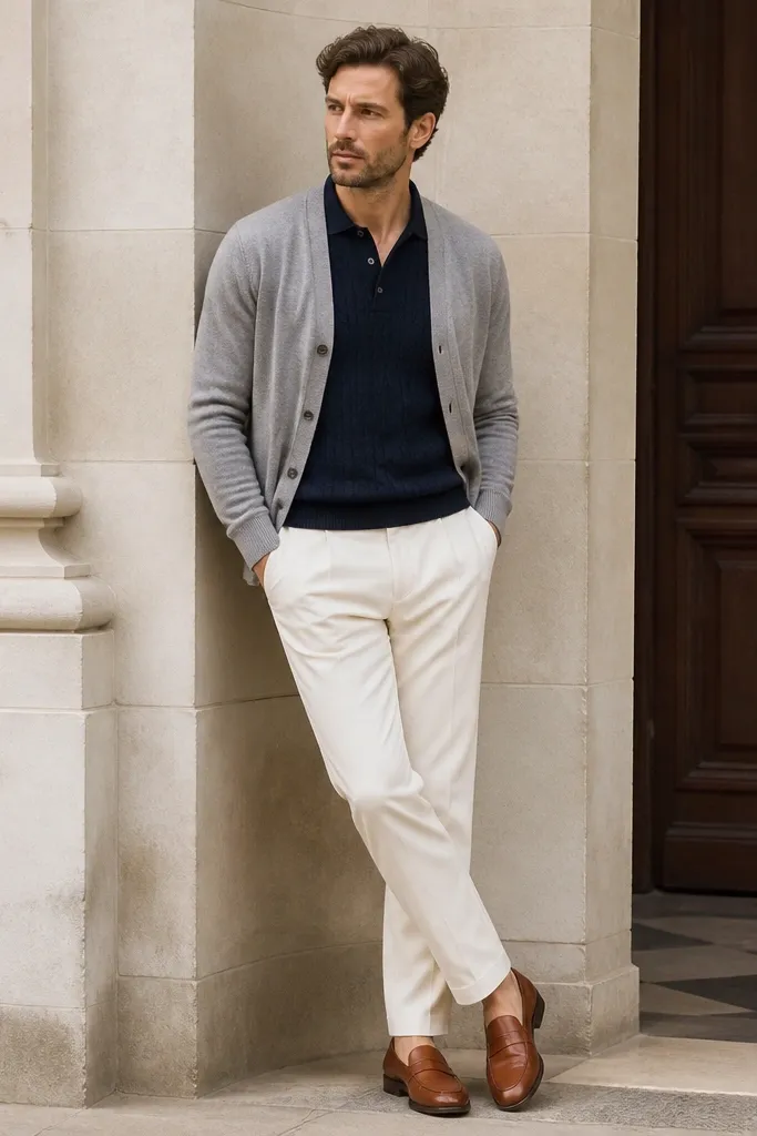 A man in a light grey cardigan over a navy knit polo, off-white chinos, and cognac leather loafers. The polo knit looks fine and the cognac leather has a warm tone.