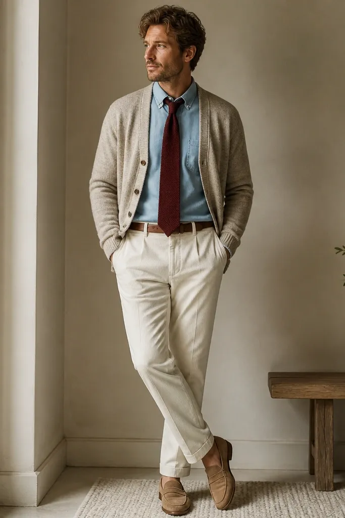 An oatmeal beige cardigan worn open over a light blue chambray shirt. A burgundy knit tie hangs straight, with a relaxed knot. Tan suede loafers and a simple brown belt show under the hem.