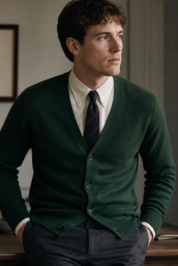 A forest green cardigan buttoned with a cream dress shirt. A tie with thin burgundy and navy stripes sits neatly, knot centered. The cardigan cuffs show and the shirt cuffs peek slightly at the wrists.