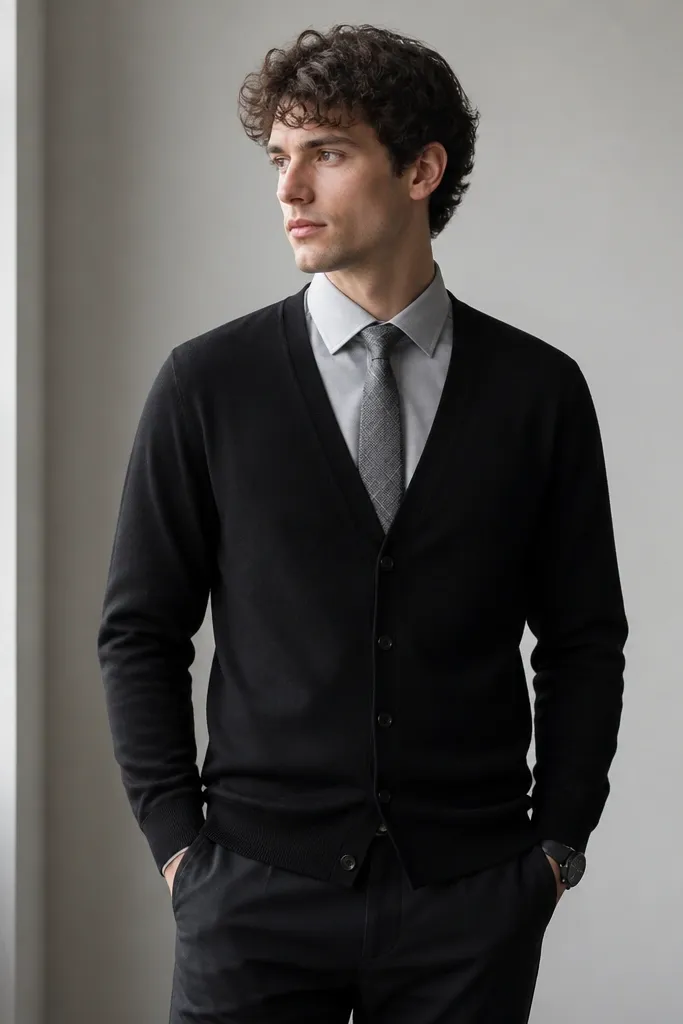 A black cardigan over a light gray shirt. The tie is gray with a subtle check pattern, tied in a simple knot. Black trousers and a dark watch are visible; the cardigan hem is mid-hip.