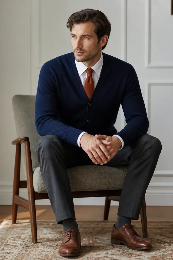 A deep navy cardigan buttoned over a white shirt. A rust-orange tie is centered with a neat knot. Small white collar stays are visible at the shirt collar tips. Brown leather shoes finish the look.