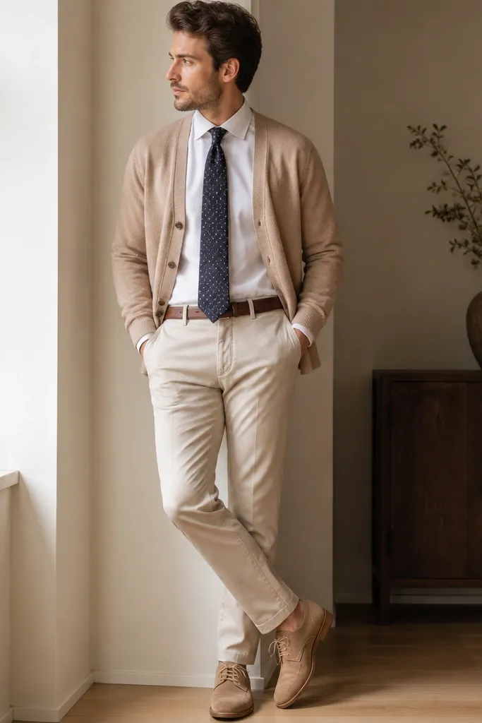 A light tan cardigan worn open, draped over a white shirt. A navy tie with small polka dots is tied in a four-in-hand. The outfit shows light brown belt and tan suede shoes.