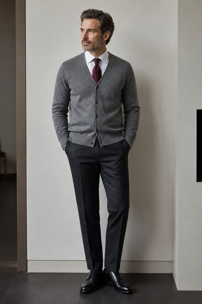 A heather gray cardigan buttoned. Under it, a white shirt and a burgundy silk tie with a subtle sheen. The tie knot is centered and the cardigan hem sits at mid-hip. Dark pants and black shoes are visible.
