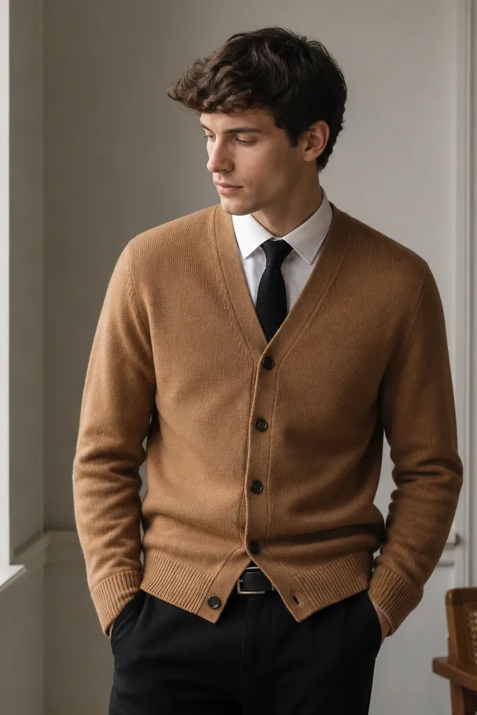 A camel brown cardigan worn closed over a white shirt. A black tie is tied in a simple knot. The outfit includes dark trousers and a black leather belt; the cardigan hem is mid-hip.