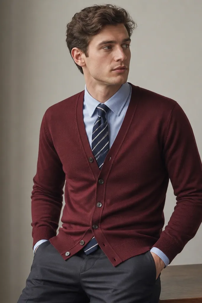 A burgundy cardigan buttoned over a light blue shirt. A navy tie with thin white stripes is centered. The cardigan cuffs show and the tie ends near the waistband.